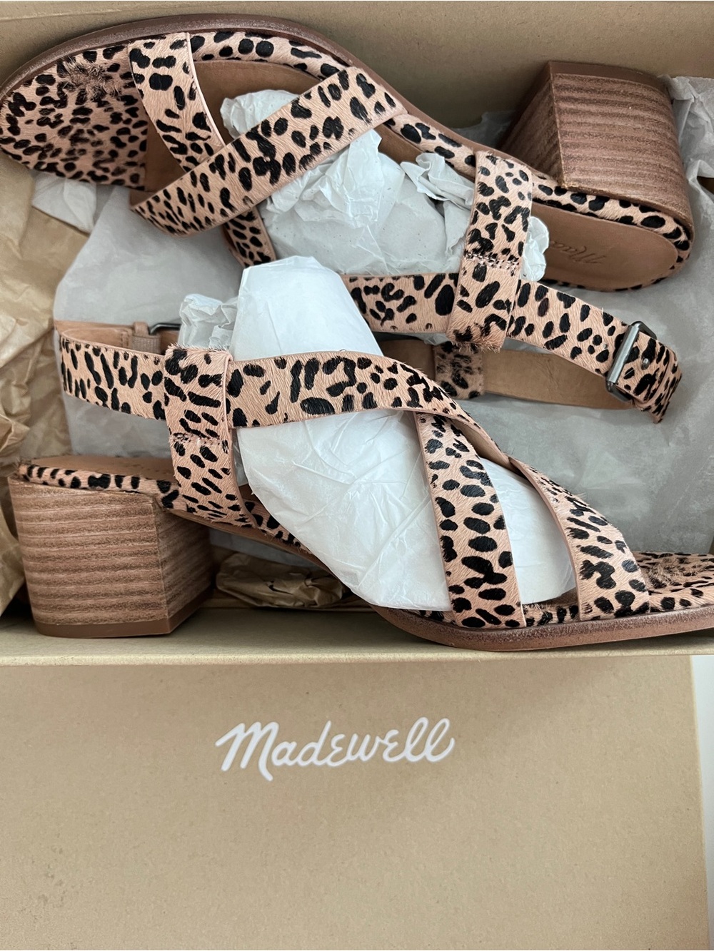 Madewell Wisteria Dove cheeta Strappy Block Heel Sandals Tan/Black Womens 9.5
